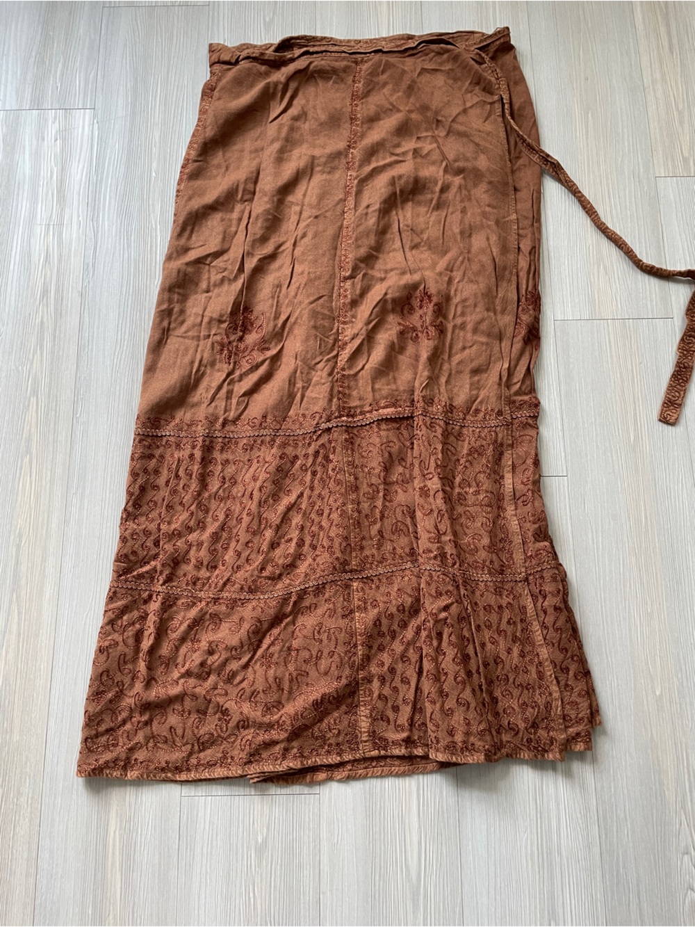 Copper Brown Embroidered Boho Maxi Skirt